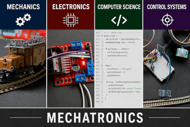 Mechatronics combines mechanics, electronics, computer science, and control systems